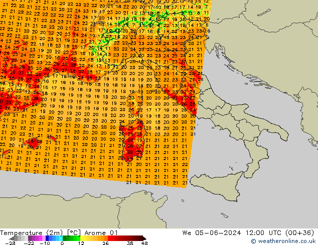 Temperature (2m) Arome 01 We 05.06.2024 12 UTC