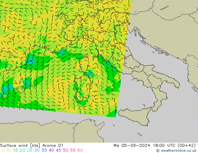 Rüzgar 10 m Arome 01 Çar 05.06.2024 18 UTC