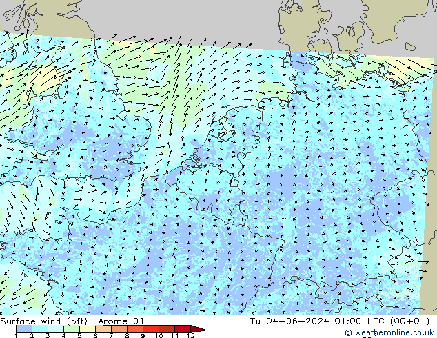 Surface wind (bft) Arome 01 Út 04.06.2024 01 UTC