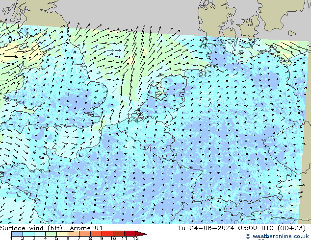  10 m (bft) Arome 01  04.06.2024 03 UTC