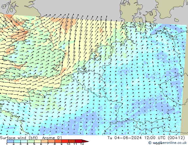 Rüzgar 10 m (bft) Arome 01 Sa 04.06.2024 12 UTC