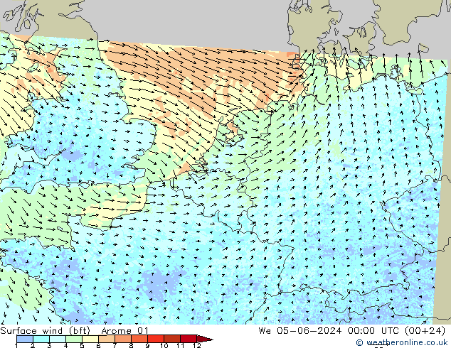 Surface wind (bft) Arome 01 We 05.06.2024 00 UTC