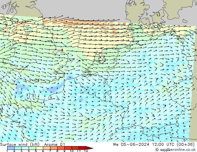 Bodenwind (bft) Arome 01 Mi 05.06.2024 12 UTC