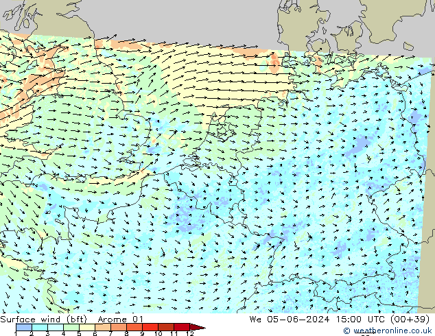 Surface wind (bft) Arome 01 We 05.06.2024 15 UTC