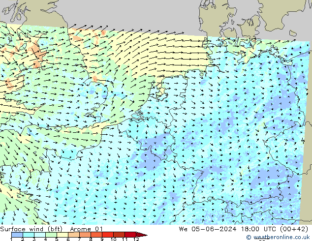 Surface wind (bft) Arome 01 We 05.06.2024 18 UTC