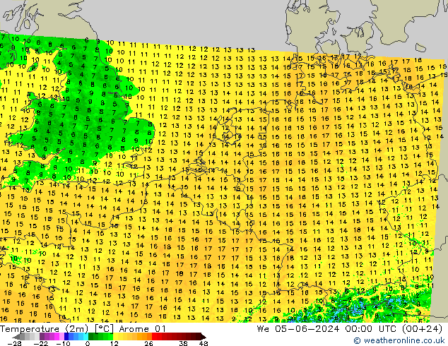 Sıcaklık Haritası (2m) Arome 01 Çar 05.06.2024 00 UTC