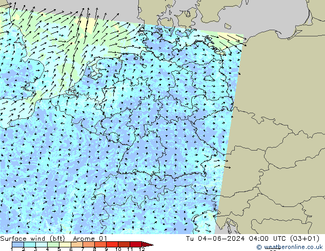 Vento 10 m (bft) Arome 01 mar 04.06.2024 04 UTC