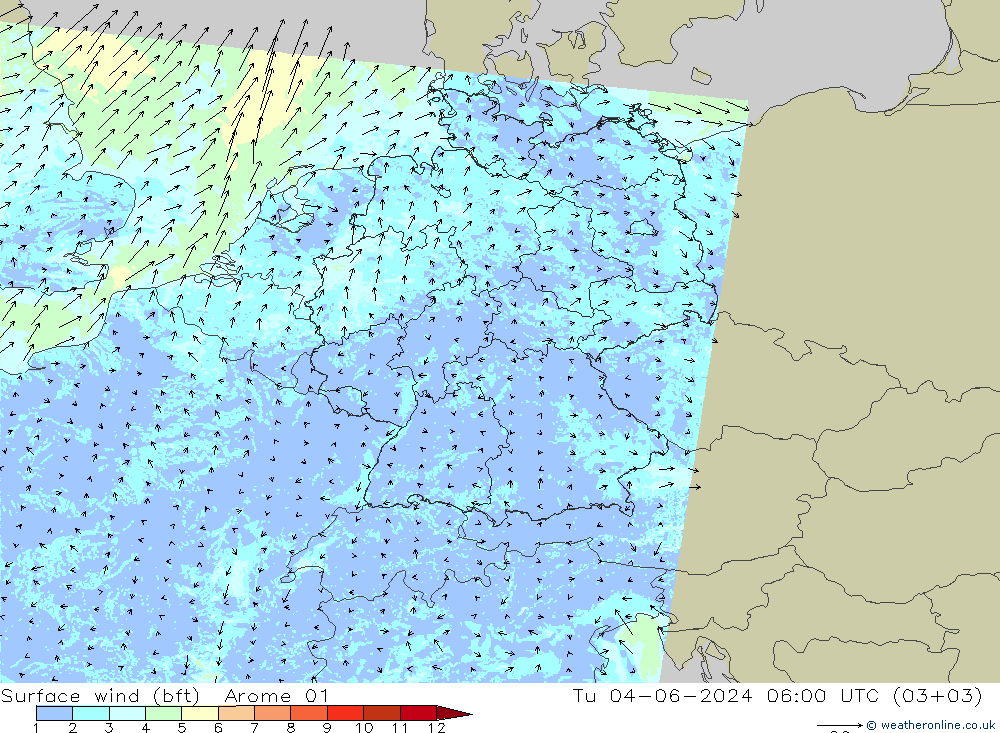  10 m (bft) Arome 01  04.06.2024 06 UTC