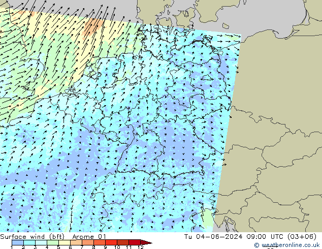 Viento 10 m (bft) Arome 01 mar 04.06.2024 09 UTC