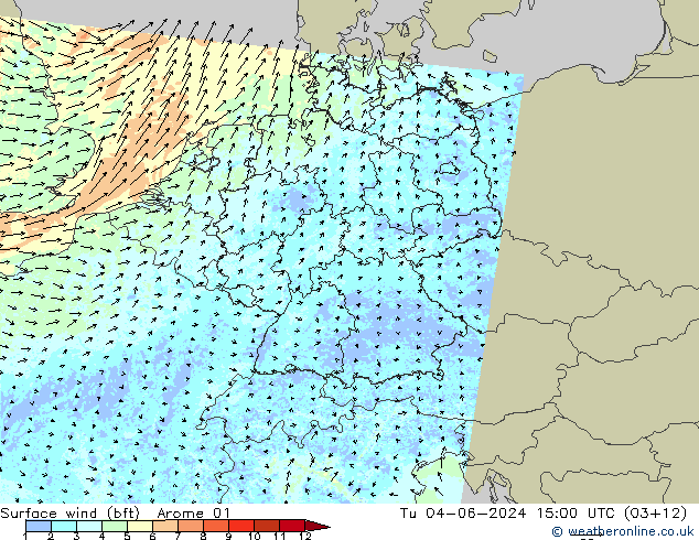 Wind 10 m (bft) Arome 01 di 04.06.2024 15 UTC