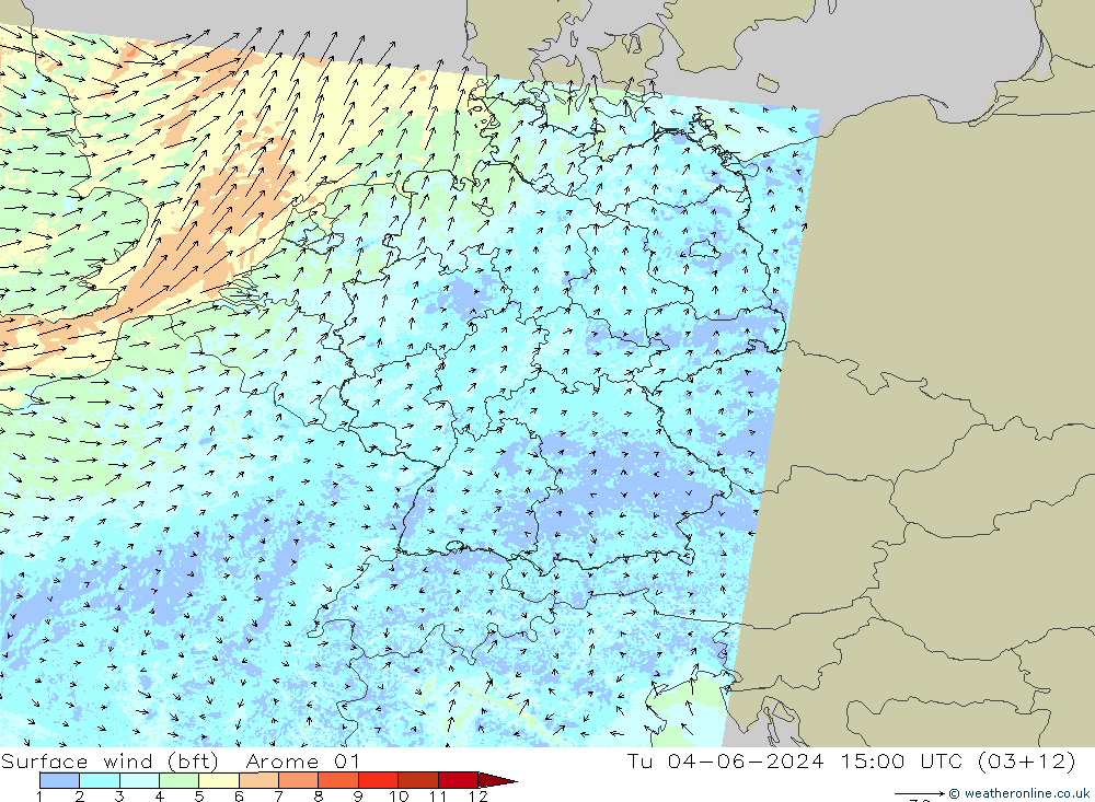 �N 10 米 (bft) Arome 01 星期二 04.06.2024 15 UTC