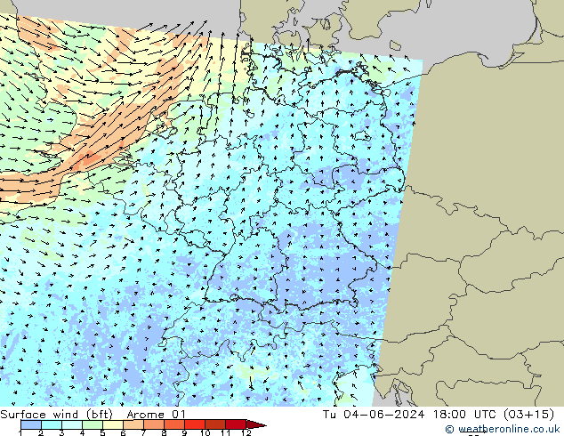 Vento 10 m (bft) Arome 01 Ter 04.06.2024 18 UTC