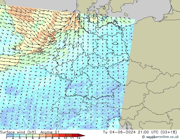 Surface wind (bft) Arome 01 Tu 04.06.2024 21 UTC