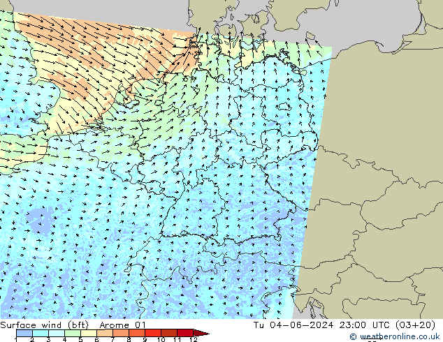 Surface wind (bft) Arome 01 Tu 04.06.2024 23 UTC