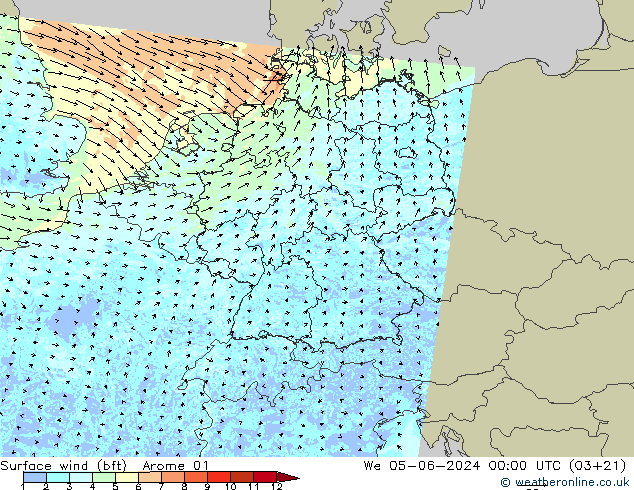 Bodenwind (bft) Arome 01 Mi 05.06.2024 00 UTC