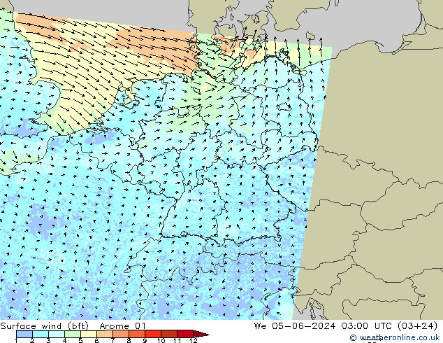 Vent 10 m (bft) Arome 01 mer 05.06.2024 03 UTC