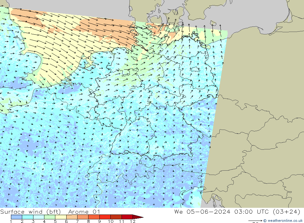 Surface wind (bft) Arome 01 St 05.06.2024 03 UTC