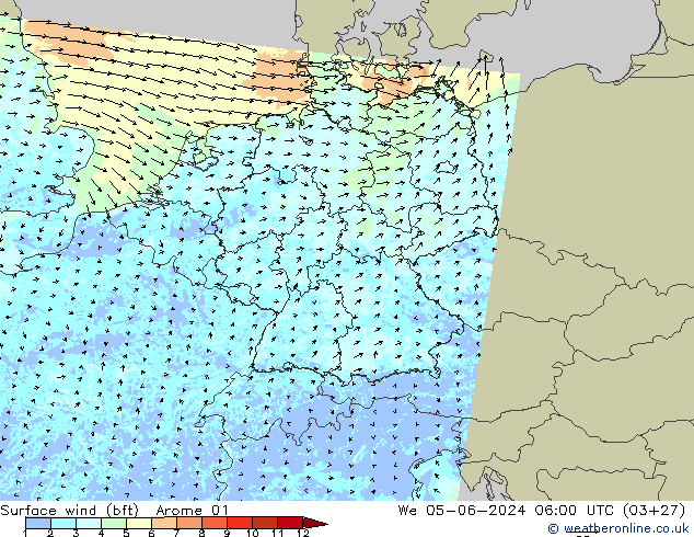 �N 10 米 (bft) Arome 01 星期三 05.06.2024 06 UTC