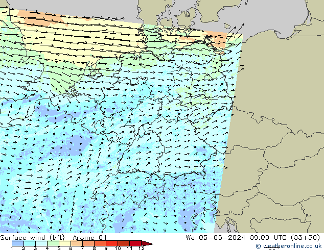 Surface wind (bft) Arome 01 We 05.06.2024 09 UTC