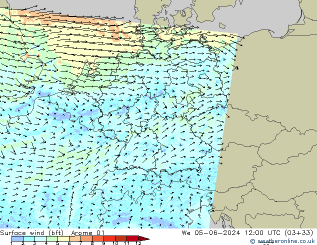 Vento 10 m (bft) Arome 01 mer 05.06.2024 12 UTC