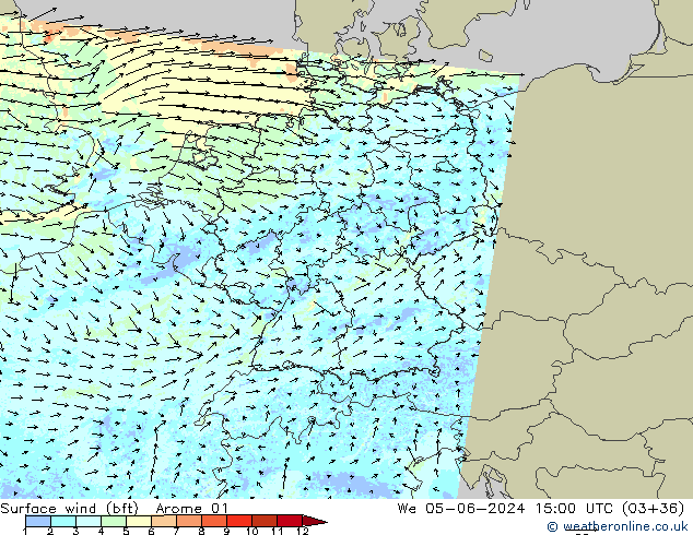 Surface wind (bft) Arome 01 We 05.06.2024 15 UTC