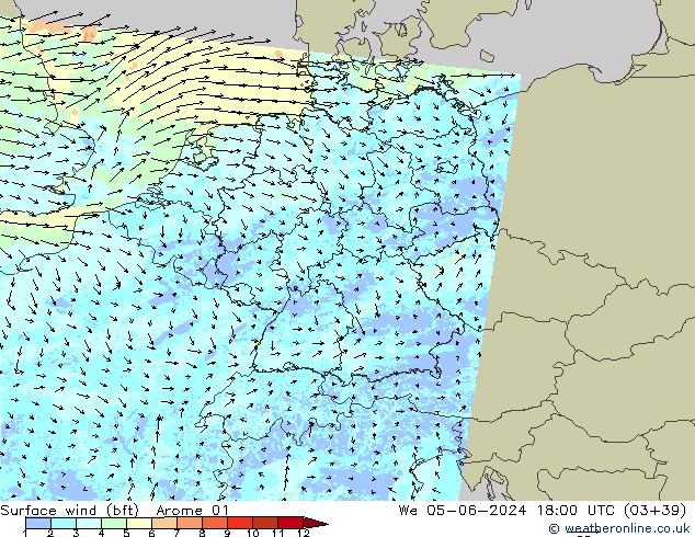 Vent 10 m (bft) Arome 01 mer 05.06.2024 18 UTC