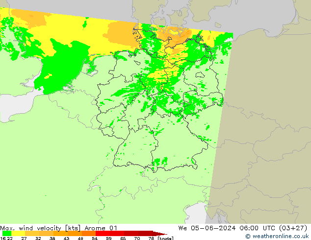 Max. wind velocity Arome 01 ср 05.06.2024 06 UTC