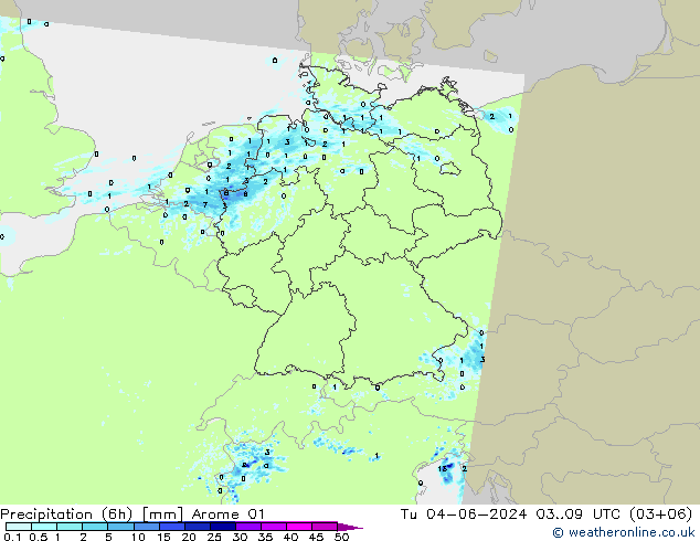 Precipitación (6h) Arome 01 mar 04.06.2024 09 UTC