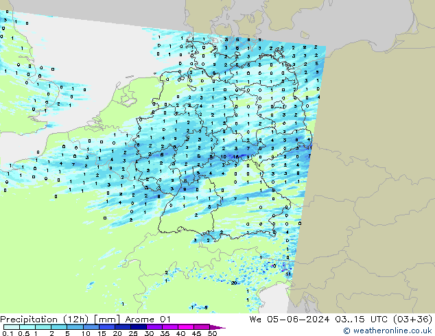 Totale neerslag (12h) Arome 01 wo 05.06.2024 15 UTC