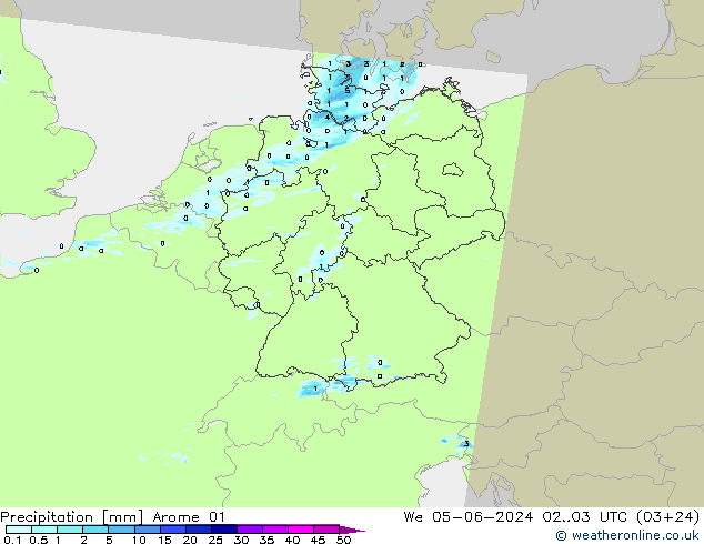 Srážky Arome 01 St 05.06.2024 03 UTC