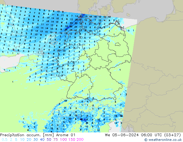 Nied. akkumuliert Arome 01 Mi 05.06.2024 06 UTC