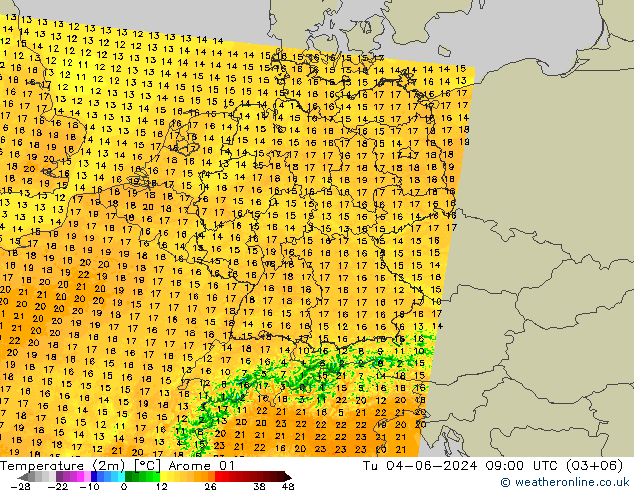 Temperature (2m) Arome 01 Tu 04.06.2024 09 UTC