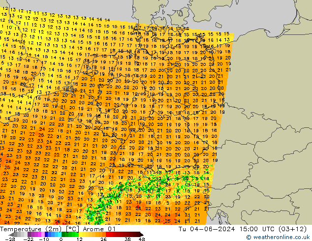 Sıcaklık Haritası (2m) Arome 01 Sa 04.06.2024 15 UTC