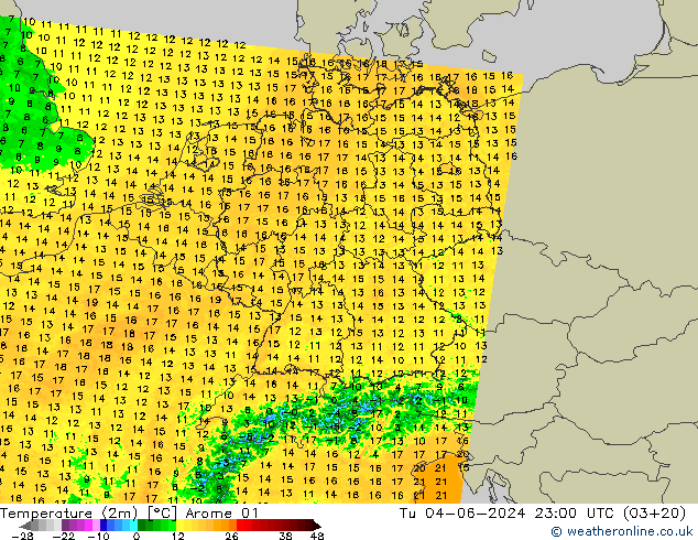 Temperature (2m) Arome 01 Út 04.06.2024 23 UTC