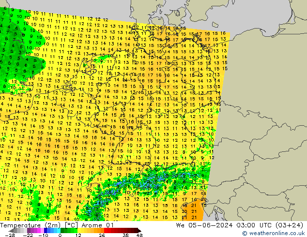 Temperatuurkaart (2m) Arome 01 wo 05.06.2024 03 UTC