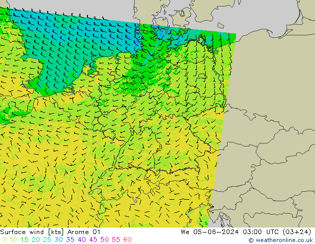 wiatr 10 m Arome 01 śro. 05.06.2024 03 UTC