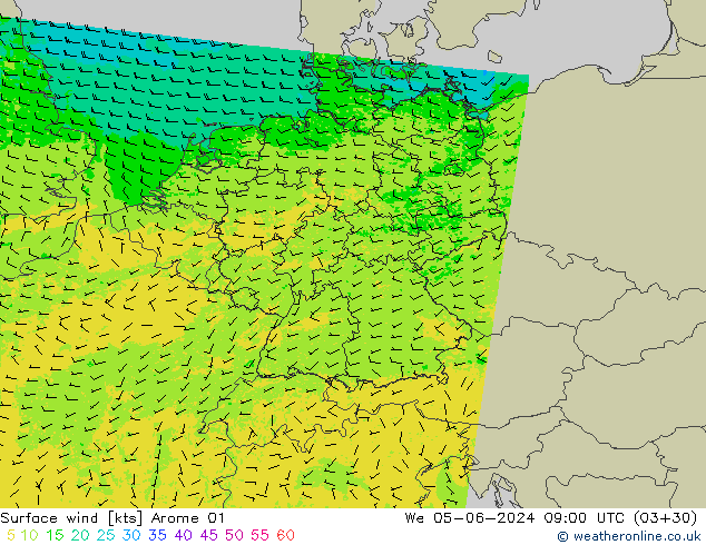 Surface wind Arome 01 We 05.06.2024 09 UTC