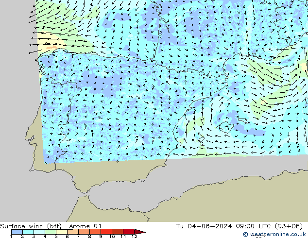 Surface wind (bft) Arome 01 Tu 04.06.2024 09 UTC