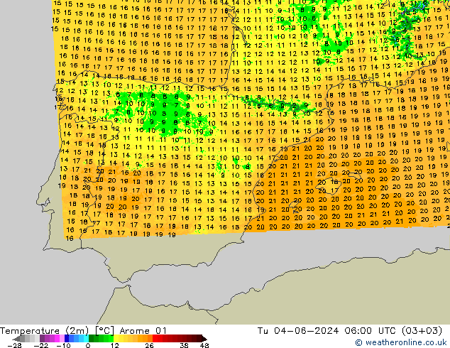 Temperature (2m) Arome 01 Tu 04.06.2024 06 UTC