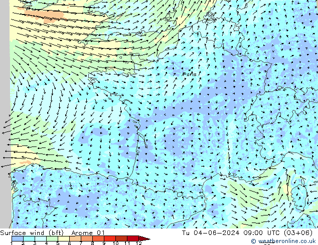 Surface wind (bft) Arome 01 Tu 04.06.2024 09 UTC