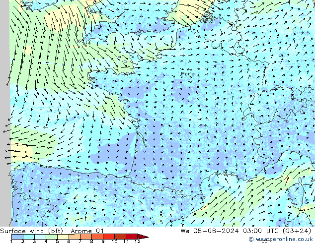 Surface wind (bft) Arome 01 We 05.06.2024 03 UTC