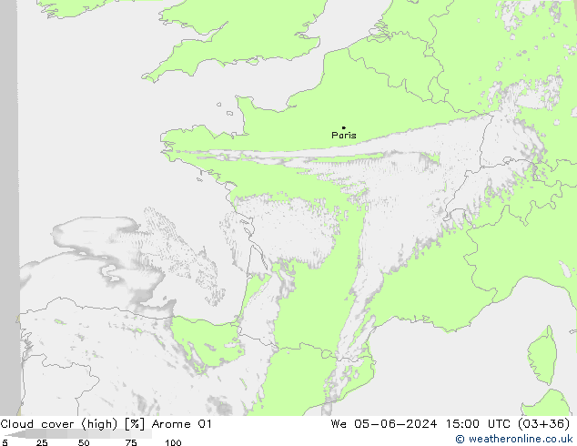 Cloud cover (high) Arome 01 We 05.06.2024 15 UTC