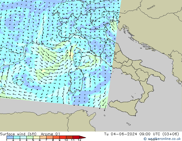 Vento 10 m (bft) Arome 01 mar 04.06.2024 09 UTC