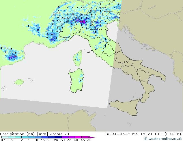 Precipitation (6h) Arome 01 Tu 04.06.2024 21 UTC