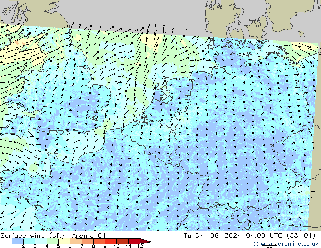 Vento 10 m (bft) Arome 01 mar 04.06.2024 04 UTC