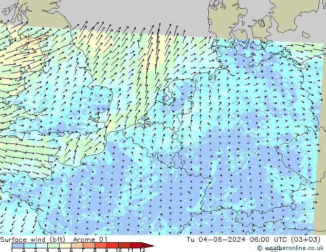 Wind 10 m (bft) Arome 01 di 04.06.2024 06 UTC