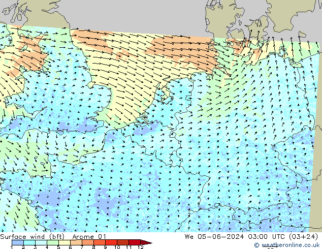 wiatr 10 m (bft) Arome 01 śro. 05.06.2024 03 UTC