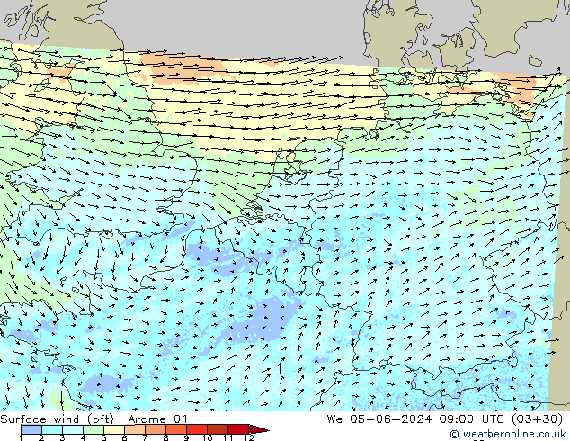 Viento 10 m (bft) Arome 01 mié 05.06.2024 09 UTC