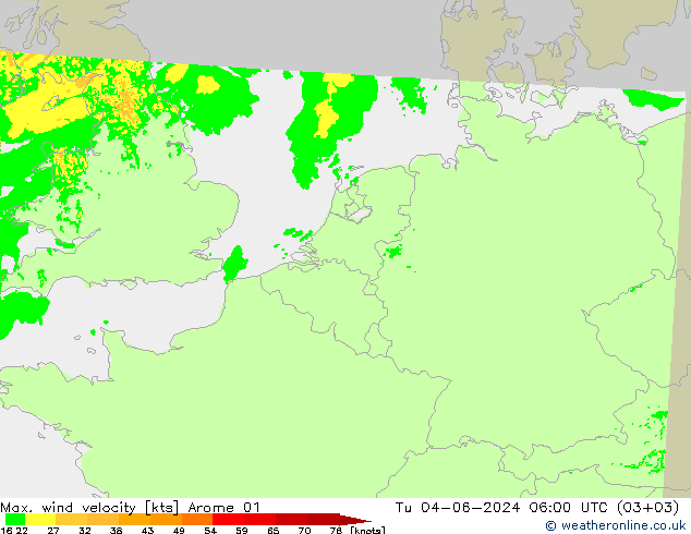 Max. wind velocity Arome 01 wto. 04.06.2024 06 UTC