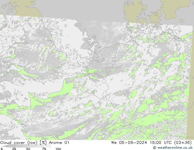 Cloud cover (low) Arome 01 We 05.06.2024 15 UTC